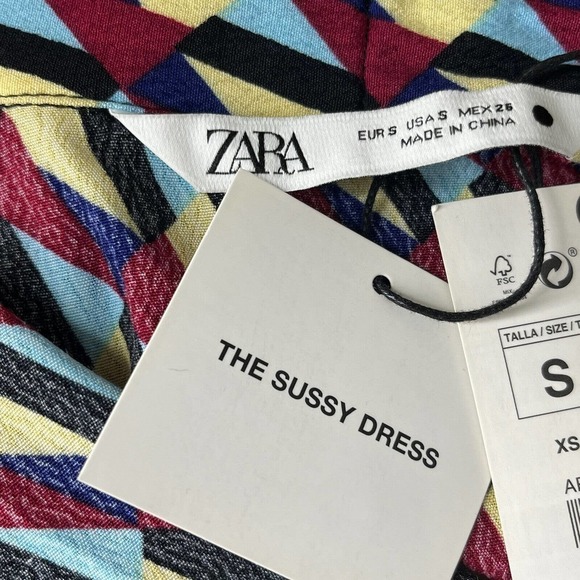 Zara Size S Sussy Shirt Dress Geo Print Maxi Bow at Neck Shift 100% Rayon NEW - Picture 11 of 14